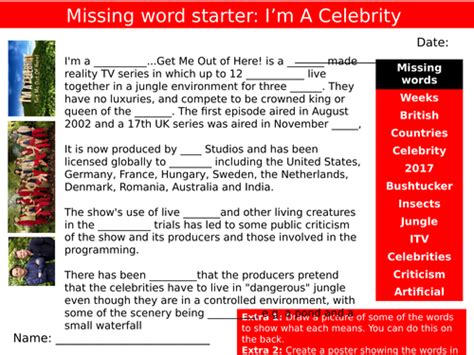 Missing Words Cloze Activity Im A Celebrity Get Me Out Of Here Starter
