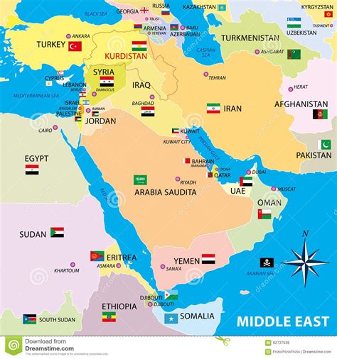 Middle East Map With Borders And Flags Stock Illustration Image