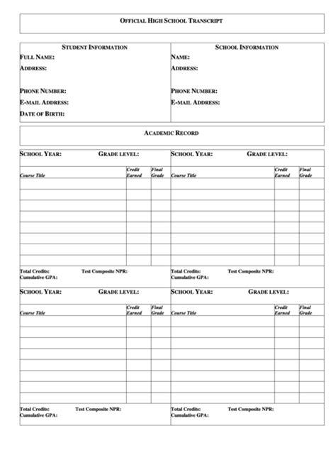 Official High School Transcript Form Printable Pdf Download B8e