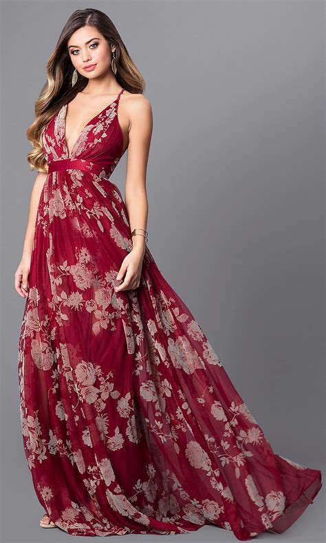 Summer sleeve length (cm) : V-Neck Floral-Print Long Prom Dress - PromGirl