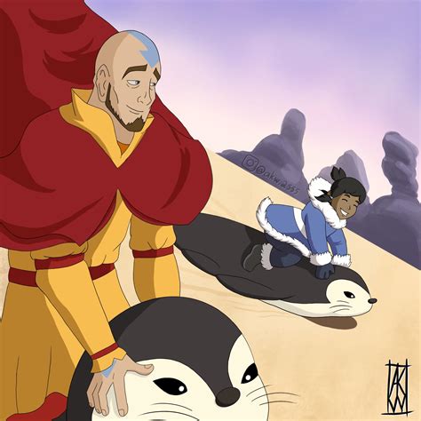 I Drew Adult Aang And Younger Korra Penguin Sledding Rthelastairbender
