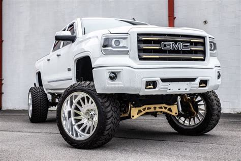 White Lifted Gmc Truck Parked Outdoors Editorial Photo Image Of
