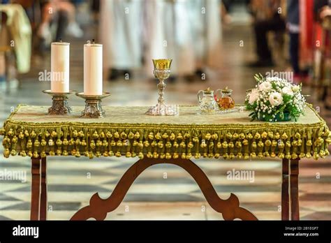 Table Ready For The Rite Of The Holy Communion During The Catholic