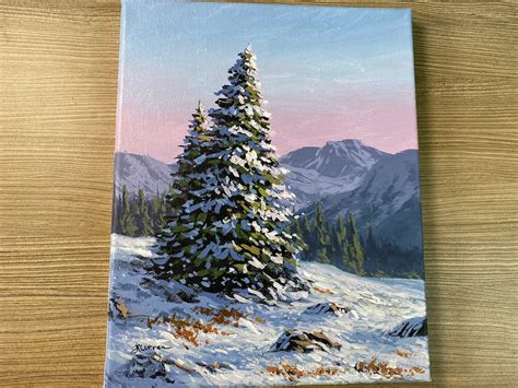 Acrylic Painting Snowy Pine Tree Original Painting Etsy