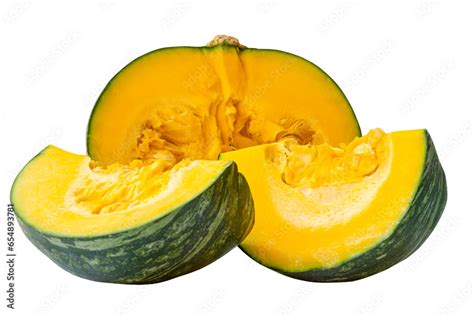 Fresh Kabocha Or Green Japanese Pumpkin Half With Slices Isolated On White Background With