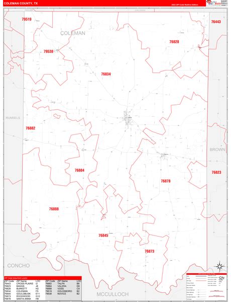 Coleman County Tx Zip Code Wall Map Red Line Style By Marketmaps