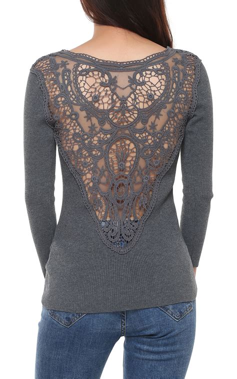 Sexy Women Ladies Long Sleeve Lace Patchwork Sweater Back Hollow Out V