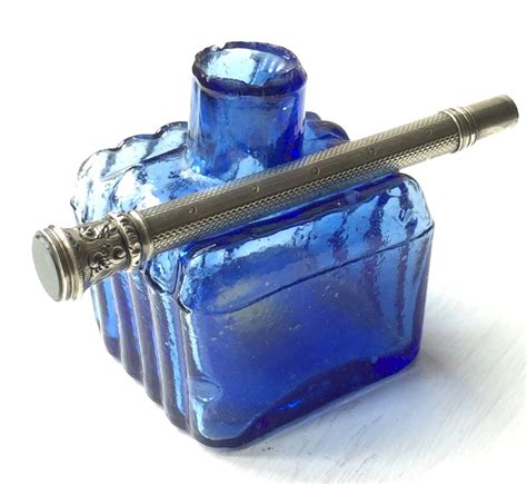 Antique Ink Bottle Victorian Hand Made Blue Glass Ink
