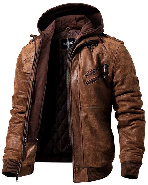 Men Brown Leather Motorcycle Jacket With Removable Hood Soomro Brown