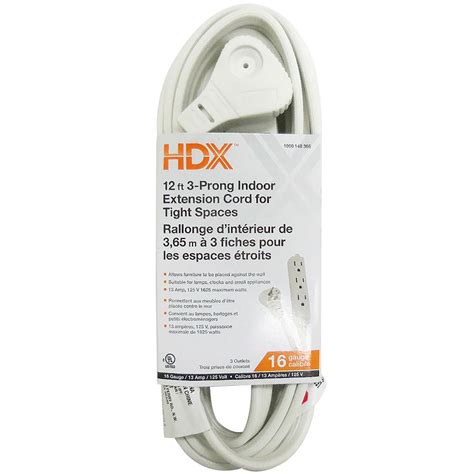 Hdx 12 Ft 3 Prong Indoor Extension Cord For Tight Spaces In White