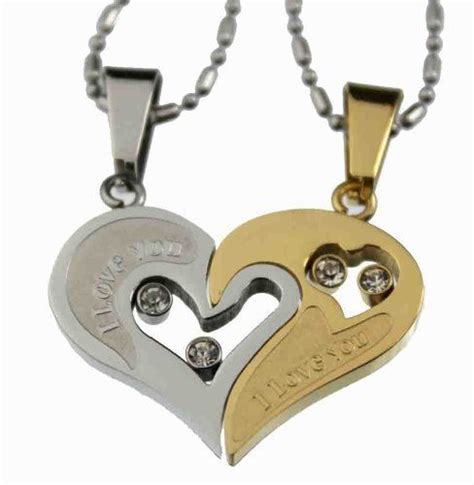 Lovers Couple Gold Silver Tone Heart Pendant Set Stainless Steel Rainbow Silver Jewelry 28