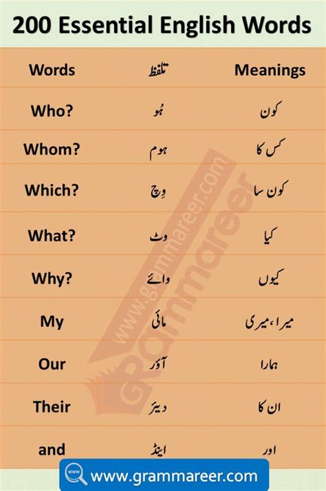 Basic English Vocabulary Words In Urdu Urdu Words English