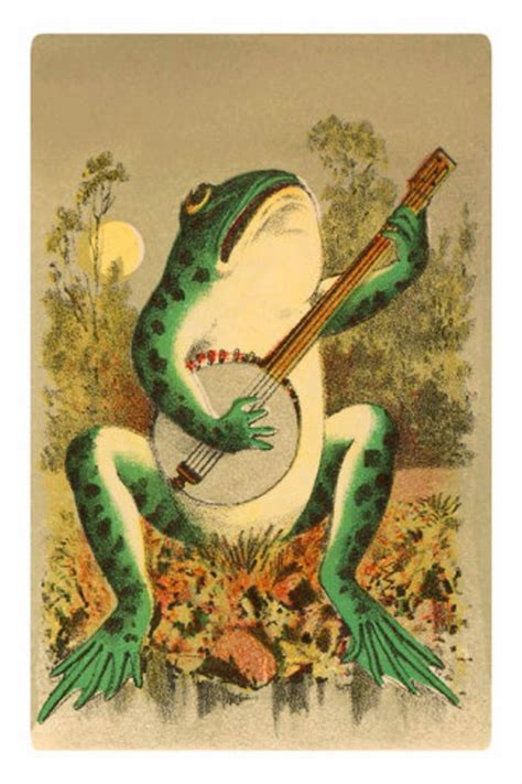 Vintage Illustration Anthropomorphic Frog Playing Banjo With The Moon