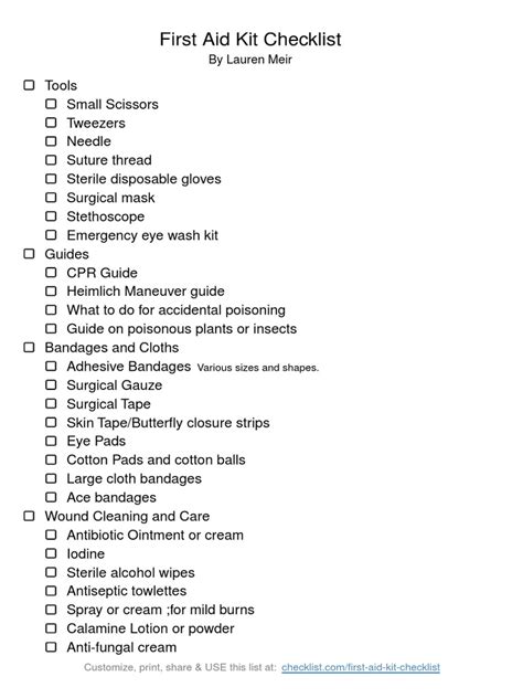 First Aid Kit Checklist Pdf