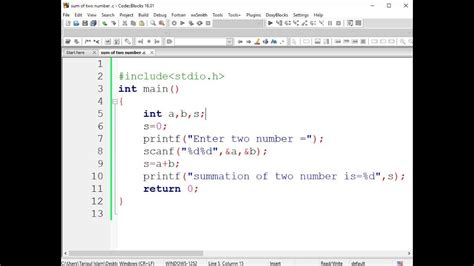 C Programming Add Two Numbers Youtube