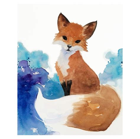 Cute Watercolor Fox Giclee Art Print Brown White And Blue Decor