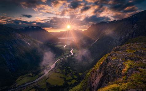Mountains Sunset Evening Valley Norway Litlefjell Romsdalen Hd