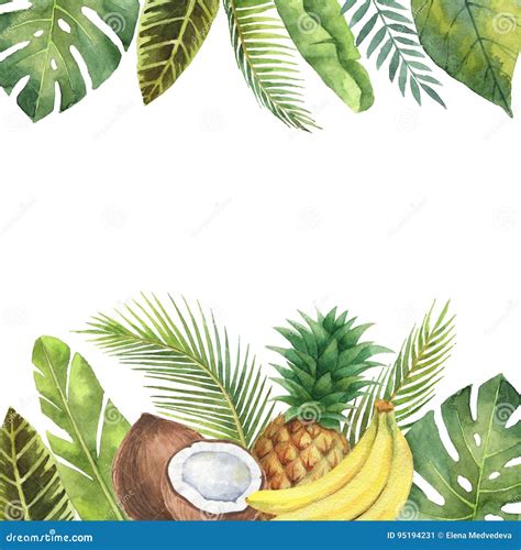 Watercolor Banner Tropical Leaves Pineapple Coconut And Banana