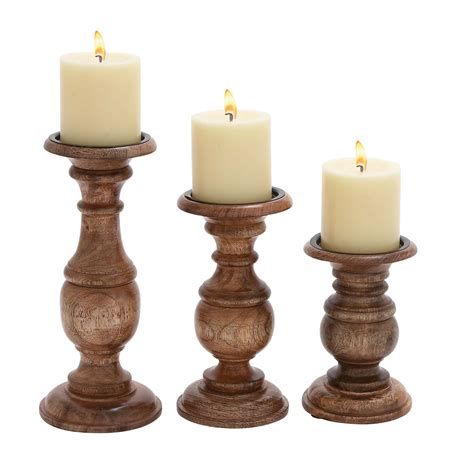 Decmode Large Natural Brown Carved Mango Wood Candle Holders W Metal