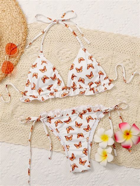 Butterfly Print Halter Triangle Tie Side Bikini Swimsuit Shein Usa