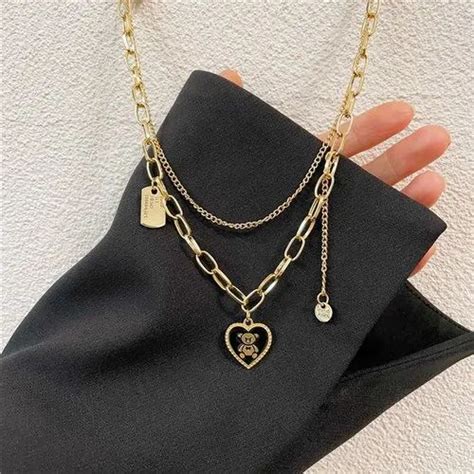 Double Layer Hip Hop Dripping Oil Love Bear Pendant Necklace Square