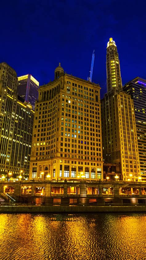 시카고 강 도시 고층 빌딩 조명 밤 미국 1080x1920 Iphone 8766s Plus 배경 화면 그림 이미지