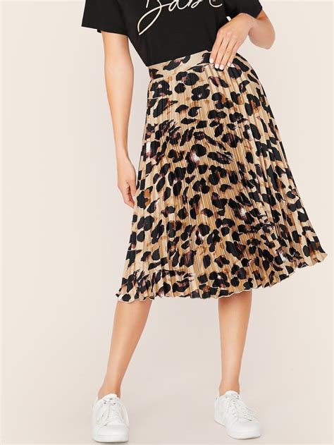 Leopard Pleated Satin Skirt Romwe Printed Pleated Skirt Satin