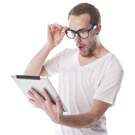 Surprised Nerd Man Looking At Tablet Computer Stock Photo Image 23246162