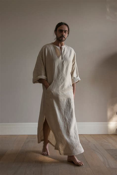 Classico Natural Color Pure Linen Tunic For Men Modern Design Caftan