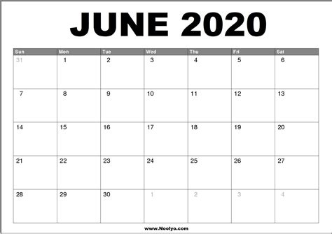 June 2020 Calendar Printable Free Download