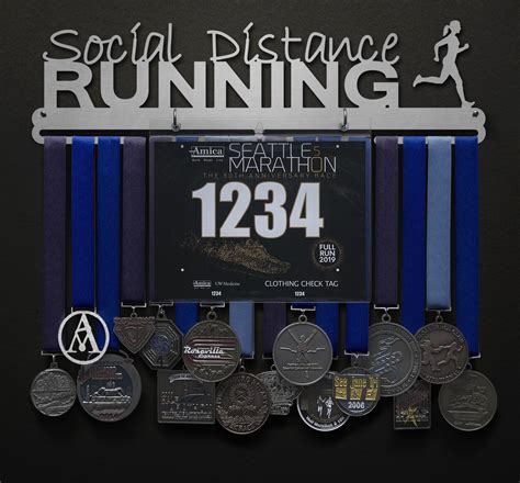 Social Distance Running Bib And Medal Display Female Sport