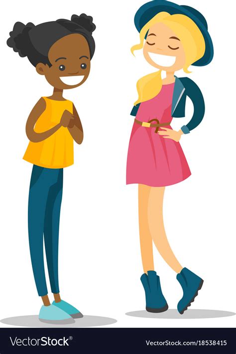 Two Young Multiracial Girls Talking And Laughing Vector Image
