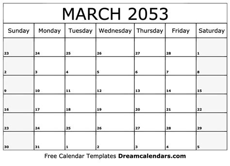 March 2053 Calendar Free Blank Printable With Holidays
