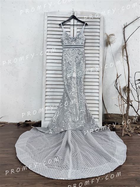 Sparkly Silver Diamond Mesh Sequin Mermaid Prom Dress With Long Train
