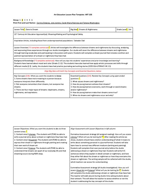 Art Education Lesson Plan Template Art 133 Group Print First And Last