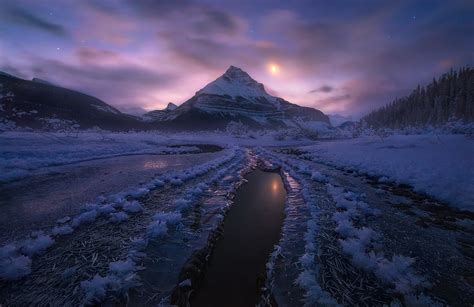 канада альберта национальный парк джаспер зима снег горы ночь лунный
