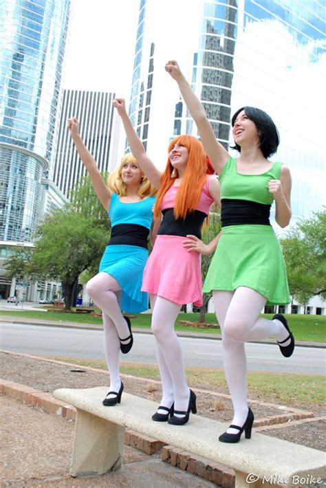 pantyhose and tights in cosplay — blossom buttercup and bubbles cosplayers doing