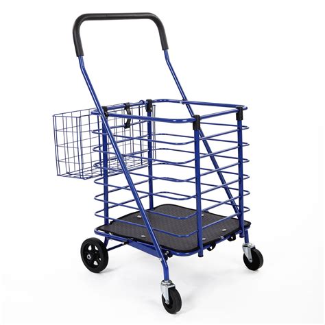 Folding Rolling Steel Wire Basket Trolley Grocery Shopping Cart Blue