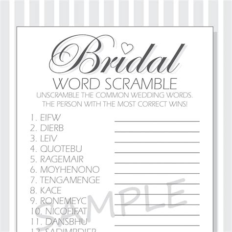 Diy Bridal Word Scramble Printable Cards For A Bridal Shower Etsy