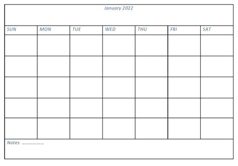 Blank Monthly Calendar January 2022 Calendar Template 2022