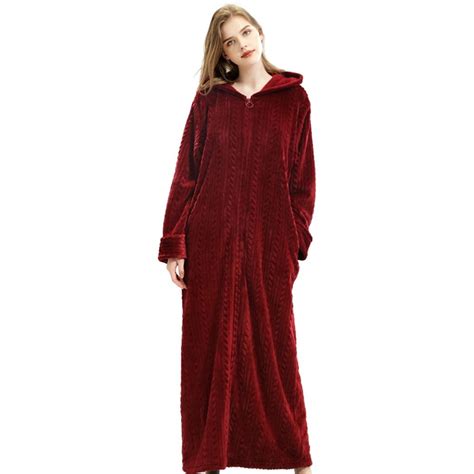Womens Robe Long Zipper Front Hooded Full Length Housecoat Sleepwear