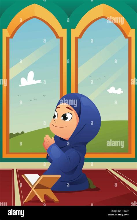A Vector Illustration Of Muslim Girl Praying In Mosque Stock Vector