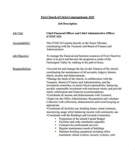 Summary of duties and responsibilities the chief financial officer is a highly responsible executive level position within the structure of the coeur d'alene tribal government. 10+ Chief Financial Officer Job Description Templates ...