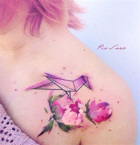 Watercolor tattoo - Origami Bird & Pink Peony Flowers ...