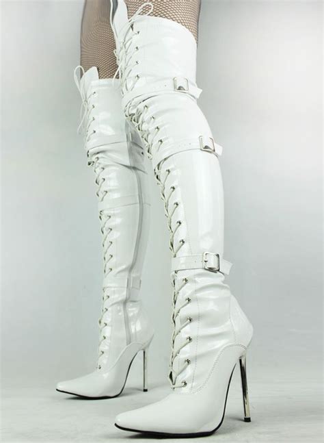 thigh high white pu boots sexy party boots 12cm height army boots peep toe booties from
