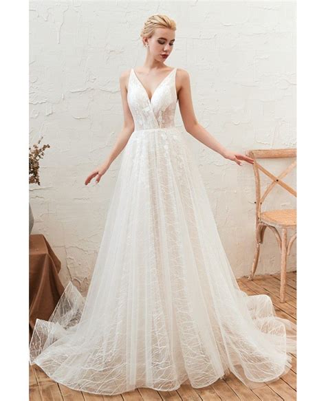 Sleeveless Simple Lace Tulle Summer Wedding Dress With With Straps Low Back Ez28346