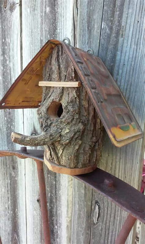 Birdhouse From Hollow Log And Old License Plate Decorative Bird