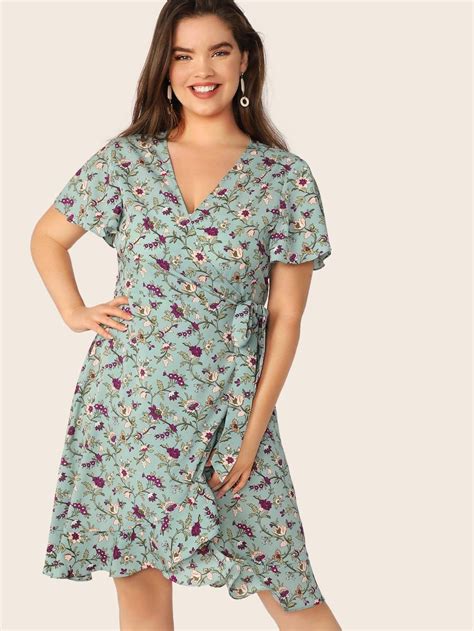 Plus Floral Print Ruffle Trim Wrap Belted Dress Shein Belted Dress Plus Size Dresses Fashion