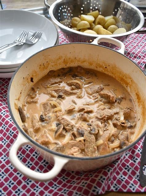 Leftover Roast Beef Stroganoff With Potatoes In Background Leftover