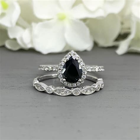 Black Onyx Pear Shape Band Ring Set 2pc Silver Simulated Diamond Art